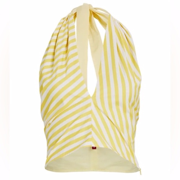 Staud Yellow White Kai Striped Poplin Back Tie Halter Crop Top Size 12 - Picture 1 of 12